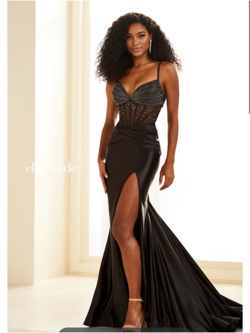 ellie wilde Black Embellished Sheer Bodice Prom Gown
